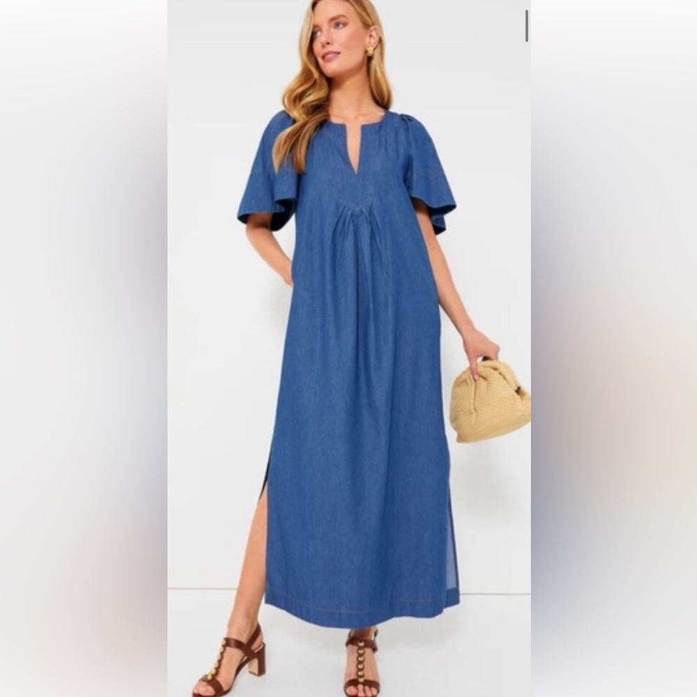 Tuckernuck Pomander Place Blue Denim Maxi Dress with Flutter Sleeves